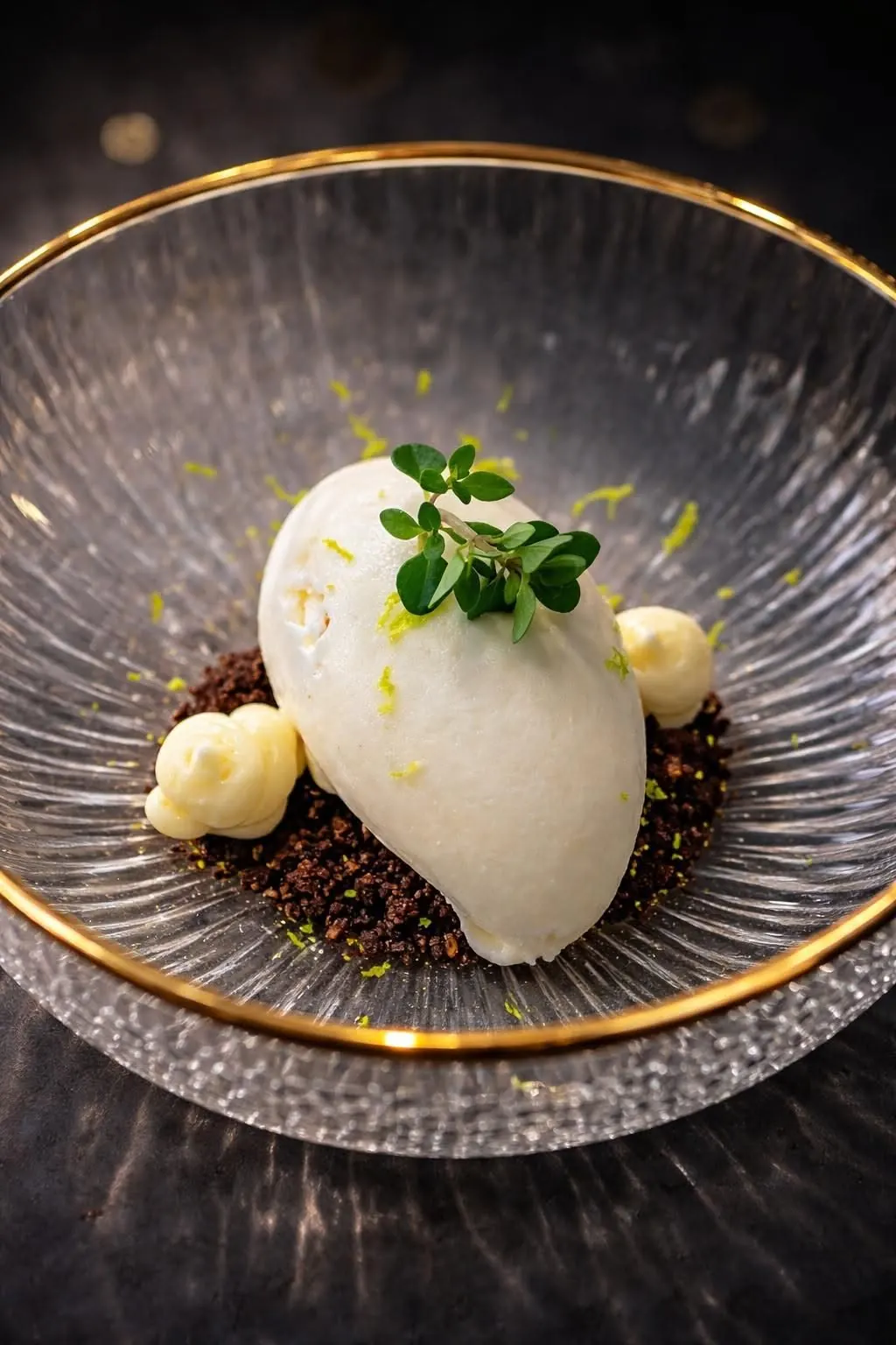 A quenelle of ice cream on a dark crumb, in a gold-rimmed glass bowl